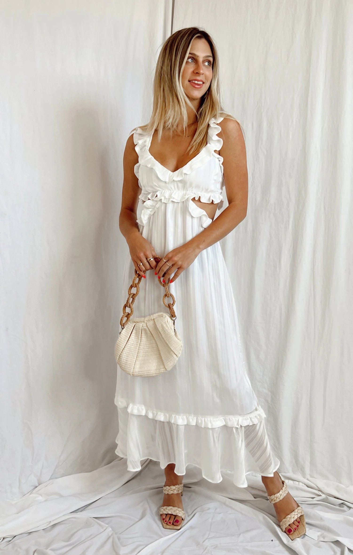 Show Me Your Mumu Lane Midi Dress ~ Flutter Stripe Chiffon White 7 Show Me Your Mumu Lane Midi Dress ~ Flutter Stripe Chiffon White - Image 5