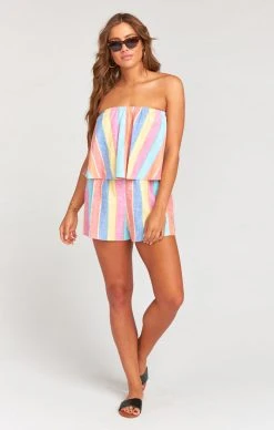 Show Me Your Mumu Thelma Romper ~ Rainbow Stripe Linen