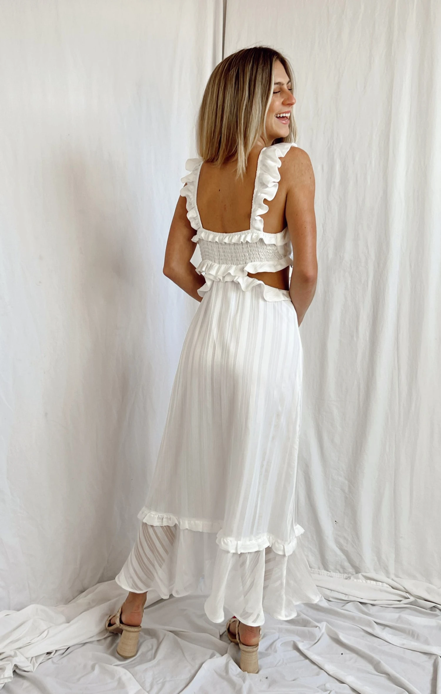 Show Me Your Mumu Lane Midi Dress ~ Flutter Stripe Chiffon White 6 Show Me Your Mumu Lane Midi Dress ~ Flutter Stripe Chiffon White - Image 4