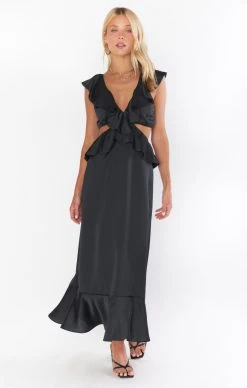 Show Me Your Mumu Zoey Midi Dress ~ Black Luxe Satin