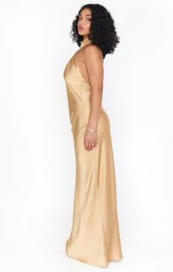 Show Me Your Mumu Jasmine Halter Maxi Dress ~ True Gold Luxe Satin -Fashion Womens Discount Store BM1 0368N TG62 01 2