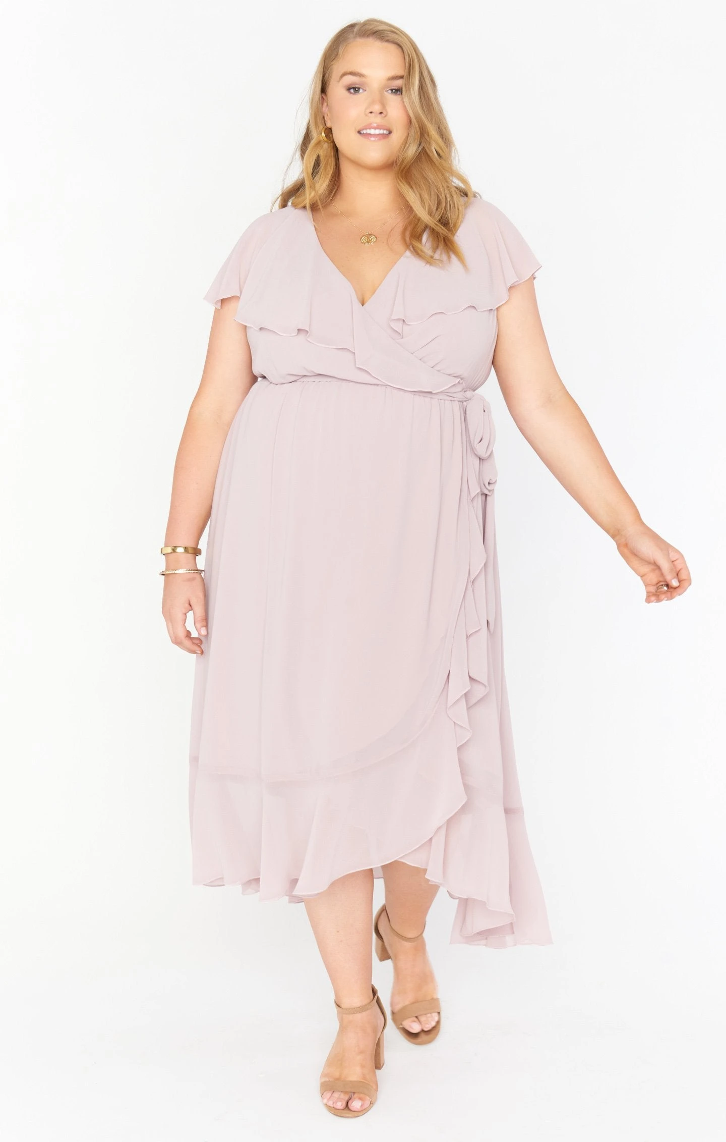 Show Me Your Mumu Jess Ruffle Midi Dress ~ Neutral Mauve Chiffon 8 Show Me Your Mumu Jess Ruffle Midi Dress ~ Neutral Mauve Chiffon - Image 6