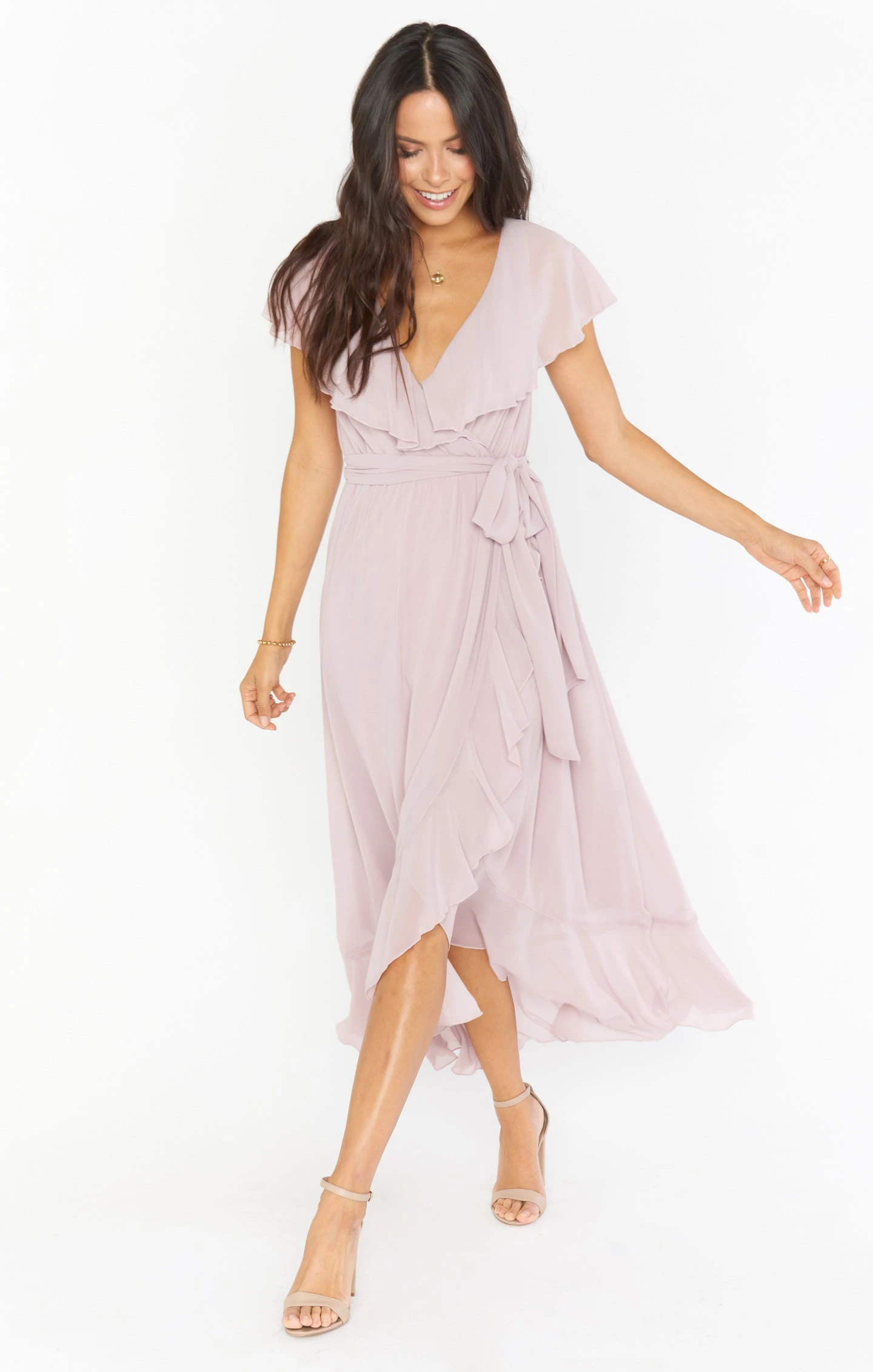 Show Me Your Mumu Jess Ruffle Midi Dress ~ Neutral Mauve Chiffon 7 Show Me Your Mumu Jess Ruffle Midi Dress ~ Neutral Mauve Chiffon - Image 5