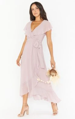 Show Me Your Mumu Jess Ruffle Midi Dress ~ Neutral Mauve Chiffon