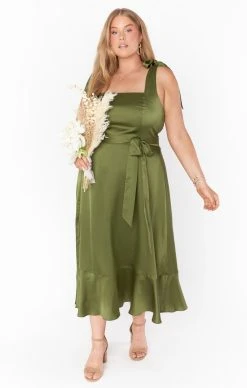 Show Me Your Mumu Claire Midi Dress ~ Rich Olive Luxe Satin -Fashion Womens Discount Store BR2 0413S OL62 01