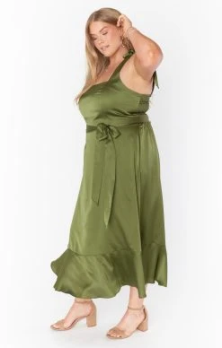 Show Me Your Mumu Claire Midi Dress ~ Rich Olive Luxe Satin -Fashion Womens Discount Store BR2 0413S OL62 03