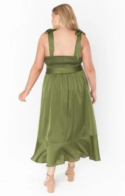 Show Me Your Mumu Claire Midi Dress ~ Rich Olive Luxe Satin -Fashion Womens Discount Store BR2 0413S OL62 04