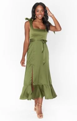 Show Me Your Mumu Claire Midi Dress ~ Rich Olive Luxe Satin
