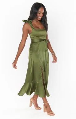 Show Me Your Mumu Claire Midi Dress ~ Rich Olive Luxe Satin -Fashion Womens Discount Store BR2 0413S OL62 07