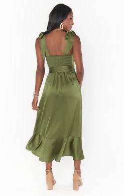 Show Me Your Mumu Claire Midi Dress ~ Rich Olive Luxe Satin -Fashion Womens Discount Store BR2 0413S OL62 08