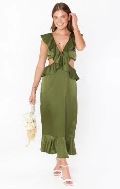 Show Me Your Mumu Zoey Midi Dress ~ Rich Olive Luxe Satin
