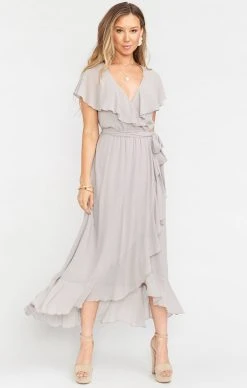 Show Me Your Mumu Jess Ruffle Midi Dress ~ Dove Grey Chiffon