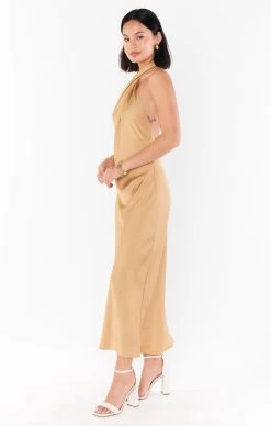 Show Me Your Mumu Jasmine Halter Midi Dress ~ True Gold Luxe Satin -Fashion Womens Discount Store BS3 0452 TG62 02