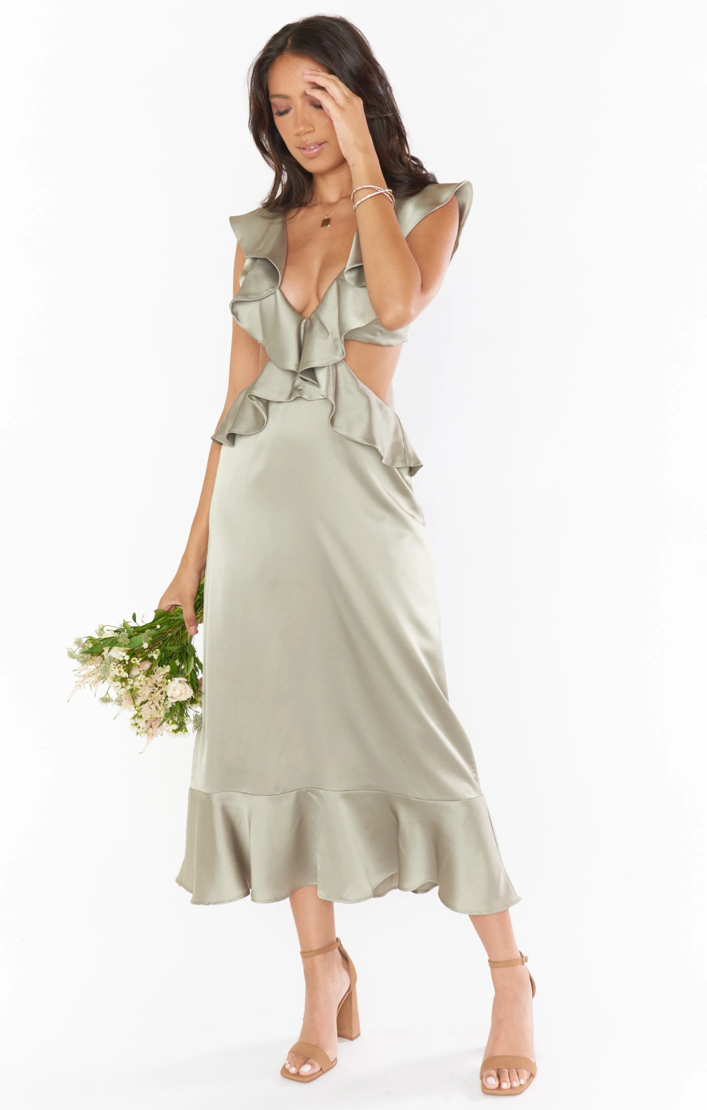 Show Me Your Mumu Zoey Midi Dress ~ Moss Green Luxe Satin 8 Show Me Your Mumu Zoey Midi Dress ~ Moss Green Luxe Satin - Image 6