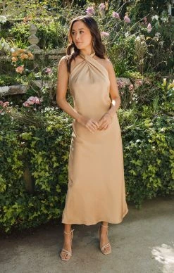 Show Me Your Mumu Jasmine Halter Midi Dress ~ True Gold Luxe Satin