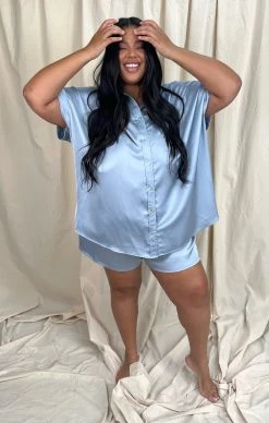 Show Me Your Mumu Glam Time Shorts ~ Steel Blue Luxe Satin -Fashion Womens Discount Store IMG 6087