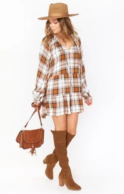 Show Me Your Mumu Birdie Mini Dress ~ Tan Plaid -Fashion Womens Discount Store MF1 4633 XT57 01