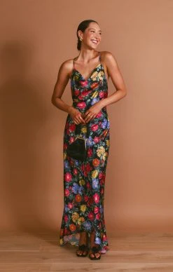 Show Me Your Mumu Hailey Slip Dress ~ Charm Peony Black Luxe Satin -Fashion Womens Discount Store MF3 5707 PP62 01