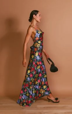 Show Me Your Mumu Hailey Slip Dress ~ Charm Peony Black Luxe Satin -Fashion Womens Discount Store MF3 5707 PP62 02