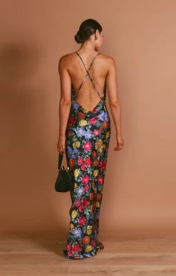 Show Me Your Mumu Hailey Slip Dress ~ Charm Peony Black Luxe Satin -Fashion Womens Discount Store MF3 5707 PP62 03