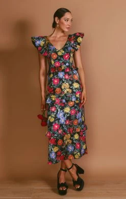 Show Me Your Mumu Lindsay Midi Dress ~ Charm Peony Black Luxe Satin