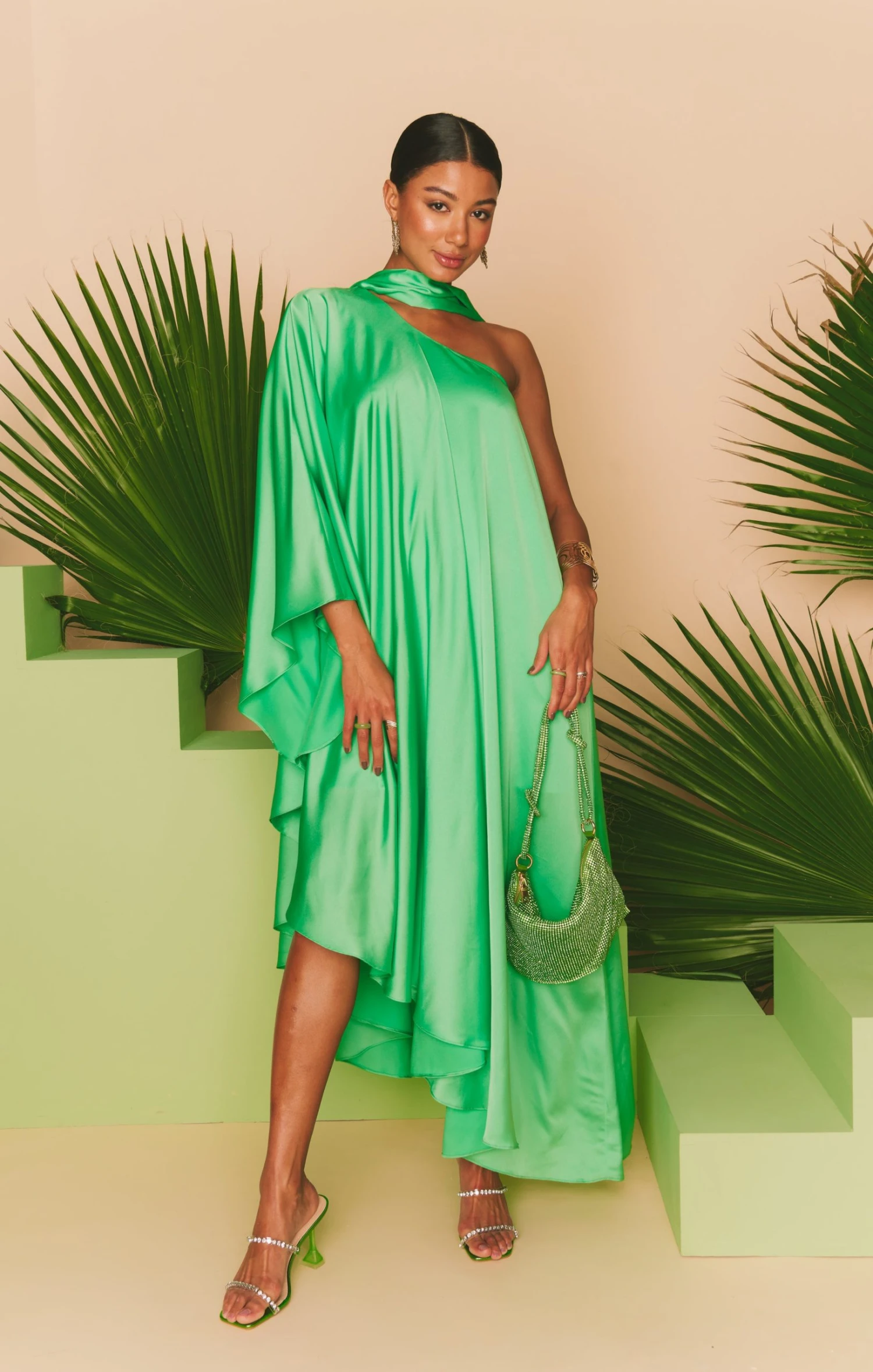 Show Me Your Mumu Rhea One Shoulder Dress ~ Kiwi Luxe Satin 3 Show Me Your Mumu Rhea One Shoulder Dress ~ Kiwi Luxe Satin