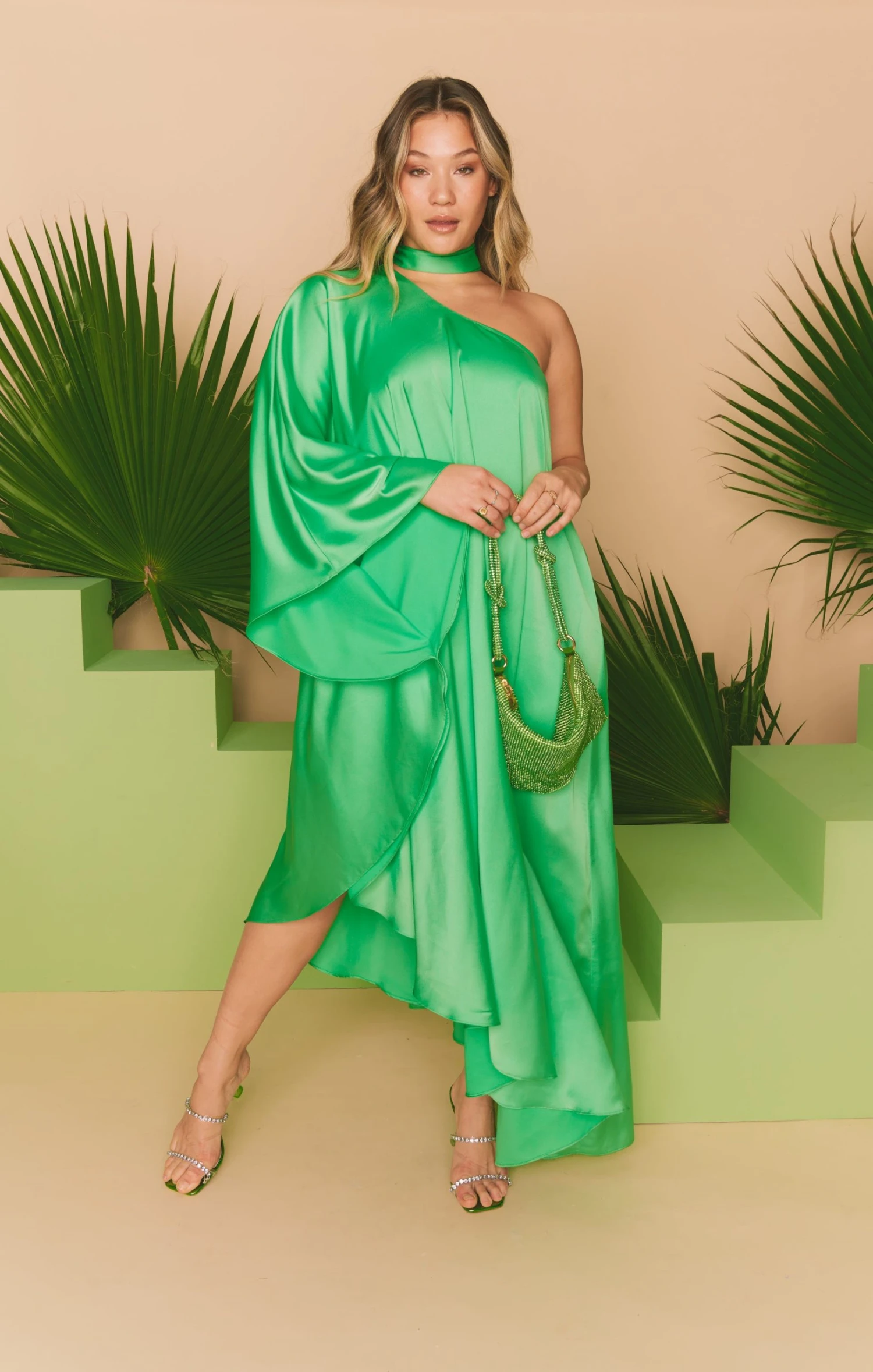 Show Me Your Mumu Rhea One Shoulder Dress ~ Kiwi Luxe Satin 5 Show Me Your Mumu Rhea One Shoulder Dress ~ Kiwi Luxe Satin - Image 3