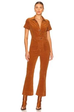 Show Me Your Mumu Cropped Everhart Jumpsuit Camel Corduroy