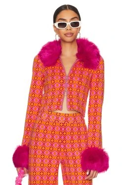 Show Me Your Mumu Zermatt Faux Fur Zip Up Pink Geo Jacquard