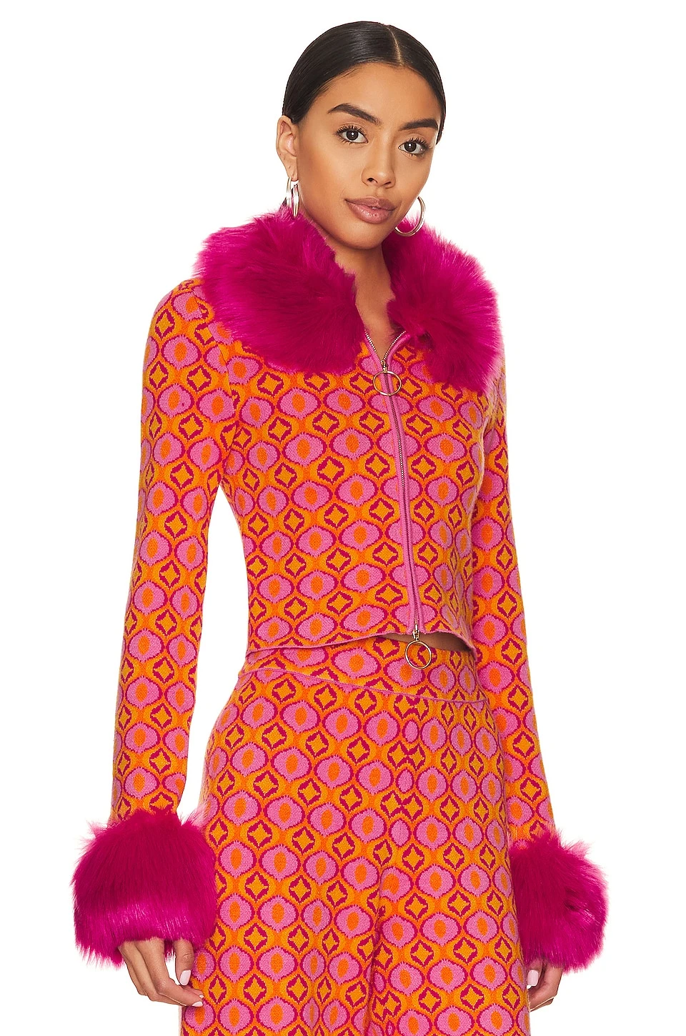Show Me Your Mumu Zermatt Faux Fur Zip Up Pink Geo Jacquard 4 Show Me Your Mumu Zermatt Faux Fur Zip Up Pink Geo Jacquard - Image 2