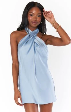 Show Me Your Mumu Jasmine Halter Mini Dress ~ Steel Blue Luxe Satin